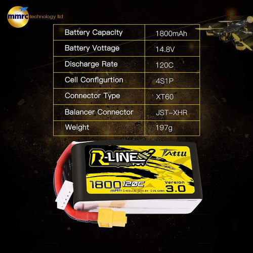 TATTU R-Line 1800mAh 14.8V 120C Version 3.0 4S1P LiPo Battery Pack for Drones