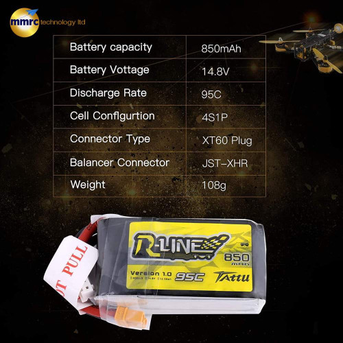 TATTU R-Line 850mAh 14.8V 95C Version 1.0 4S1P LiPo Battery Pack for Drones